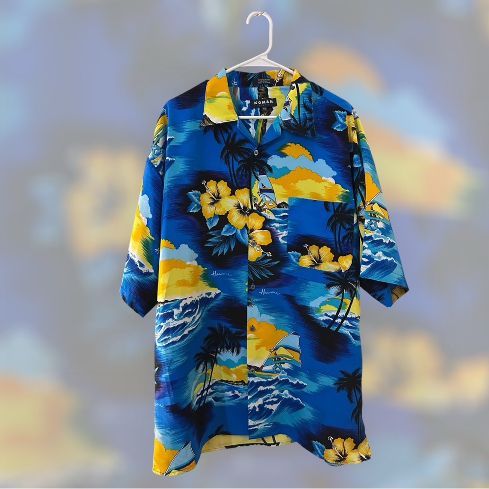 Koman Sport Shirt Mens XL Blue Hawaiian Tropical Beach Aloha Button Up